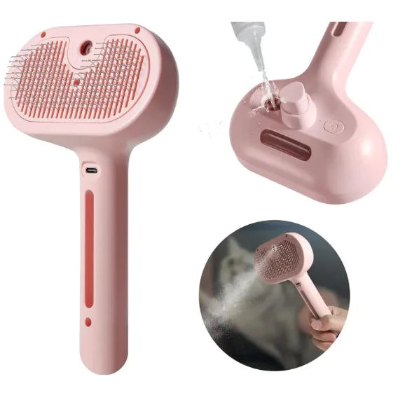 Pet Hair Spray Brush with built-in water tank and mist feature for easy fur removal for cats and dogs.