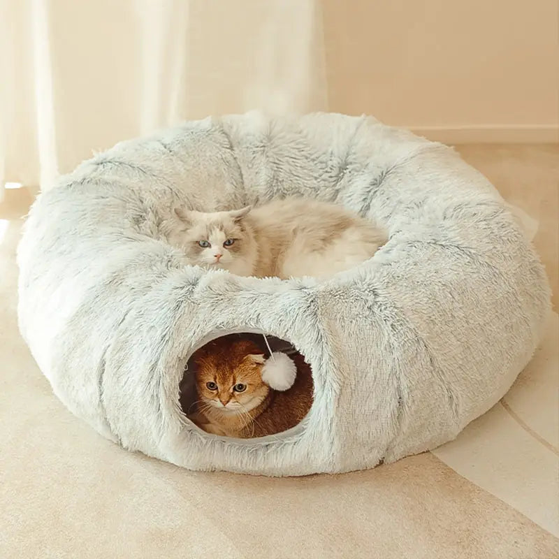 2 In 1 Cat Tunnel Bed - Cozy Round Cat Beds for Play and Relaxation - WoofPurr