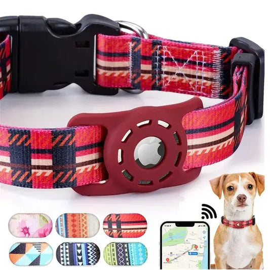 Custom printed dog collar with Apple Air Tag holder for pet tracking Australia
