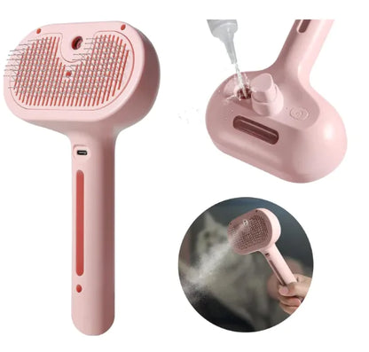 Pet Hair Spray Brush with built-in water tank and mist feature for easy fur removal for cats and dogs.