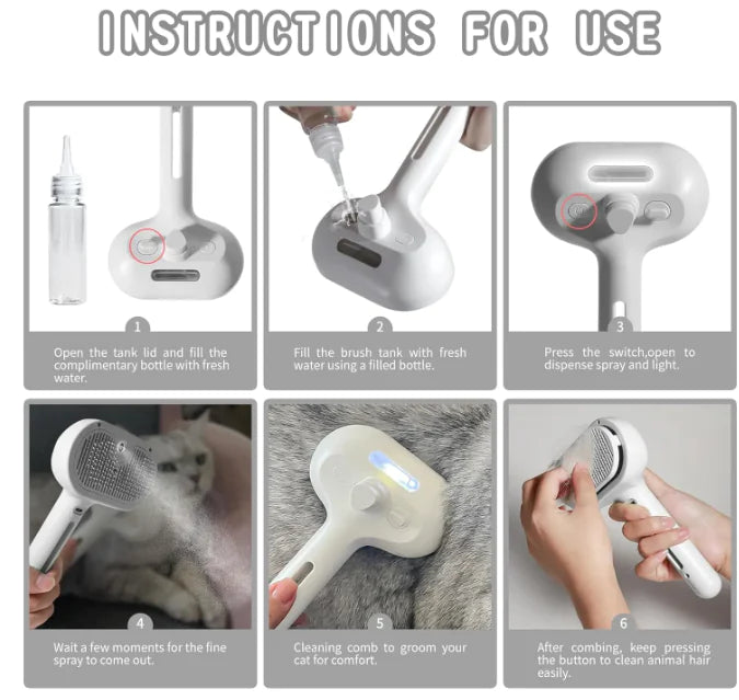 Instructions for use of the Pet Hair Spray Brush, showcasing the steps for effective pet grooming.