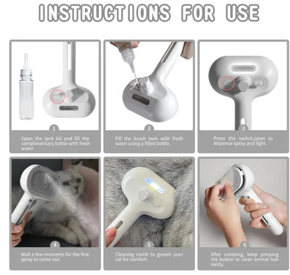 Instructions for use of the Pet Hair Spray Brush, showcasing the steps for effective pet grooming.