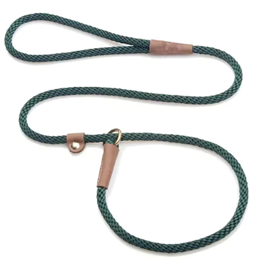 Green dog leash with brass hardware for training or walking