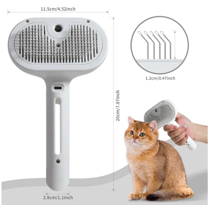 Image of Pet Hair Spray Brush with dimensions and a cat, designed for easy fur removal from pets.
